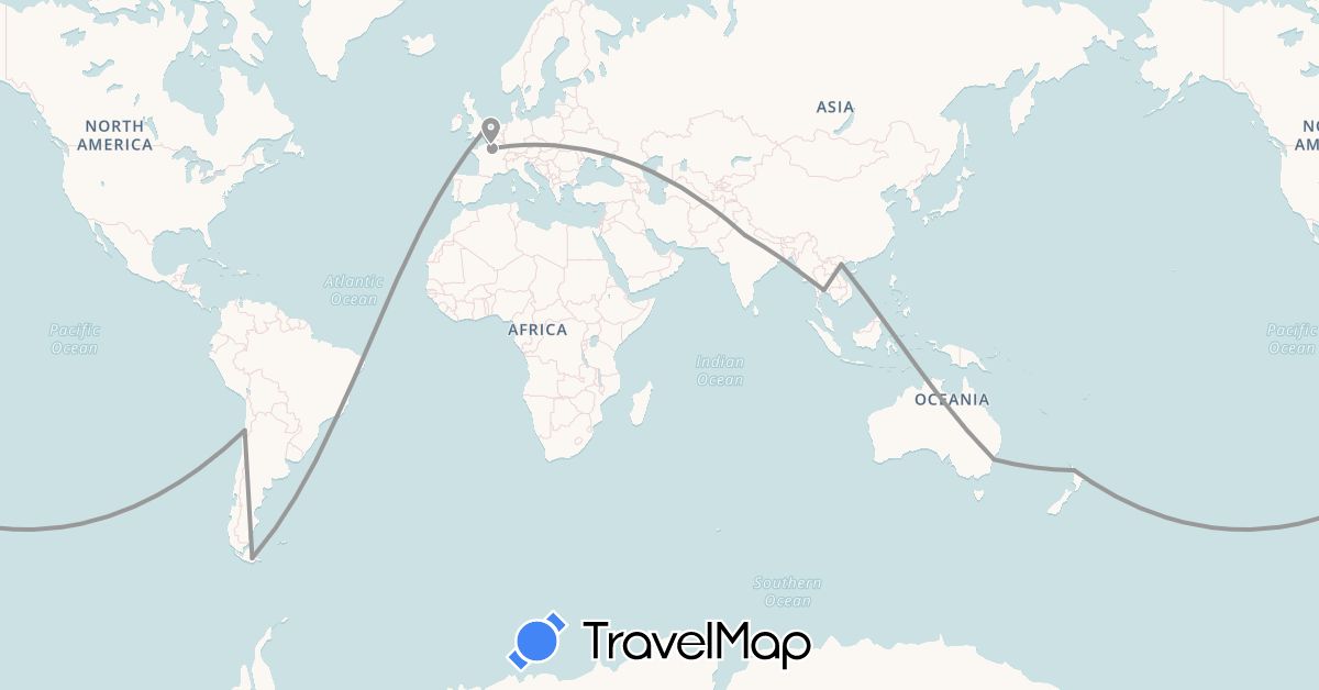 TravelMap itinerary: plane in Argentina, Australia, Brazil, Chile, France, United Kingdom, India, New Zealand, Thailand, Vietnam (Asia, Europe, Oceania, South America)